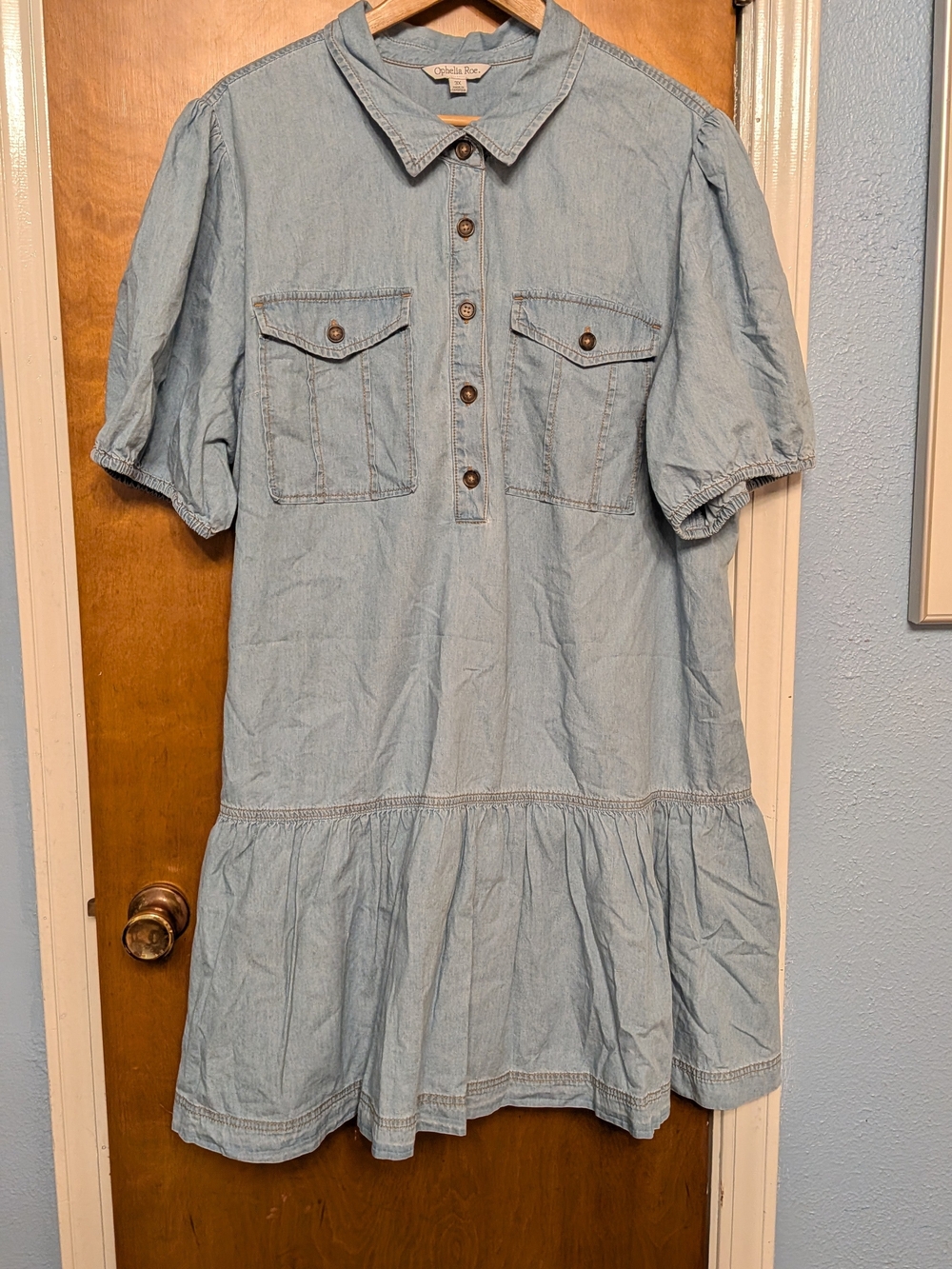 Light Blue Denim Midi Shirt Dress with Puff Sleeves
